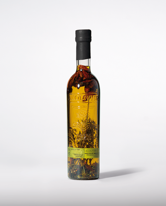 Huile d'olive vierge extra aux aromates - bouteille gravée